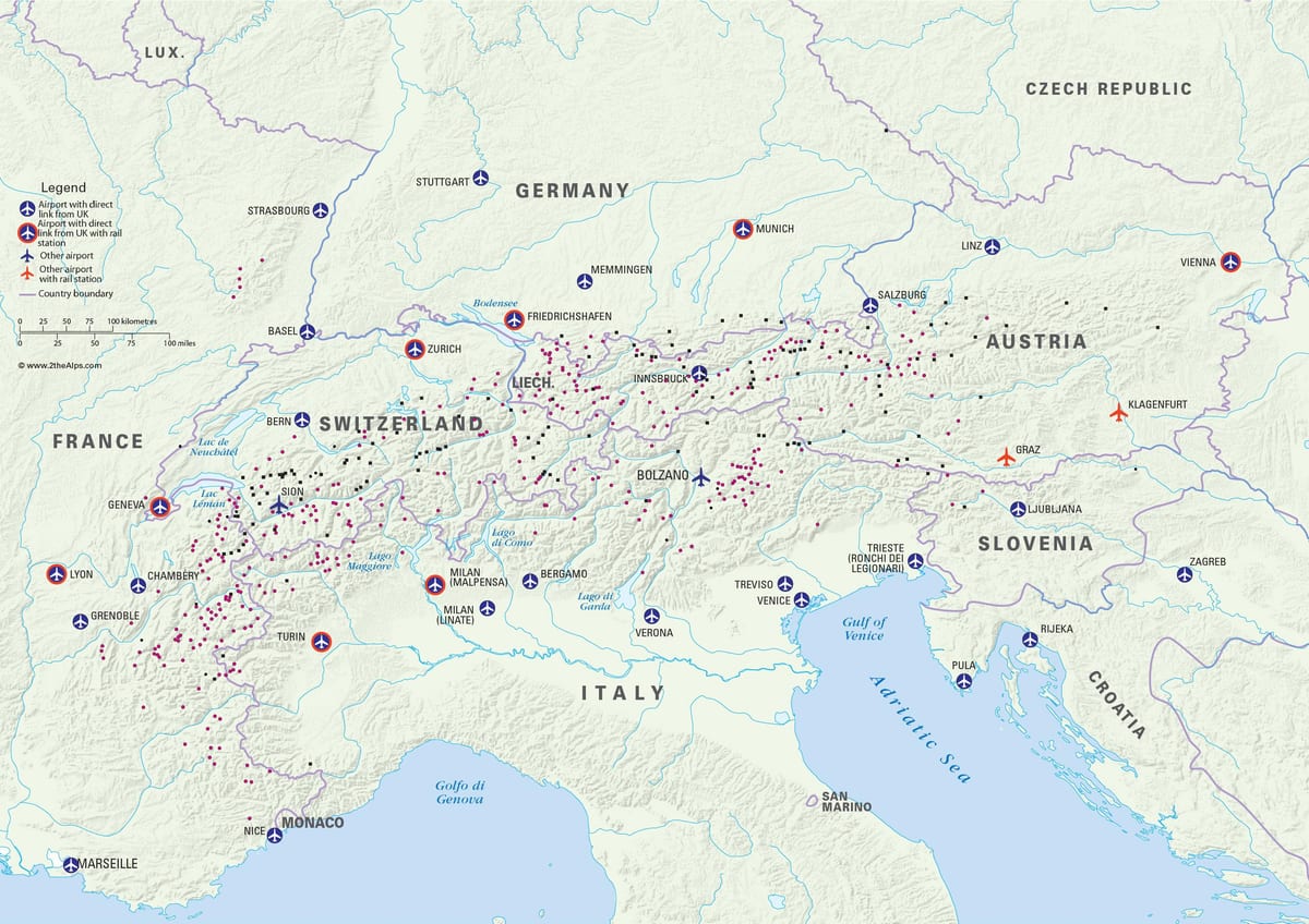 карта Австрії гірськолижні курорти, аеропорти